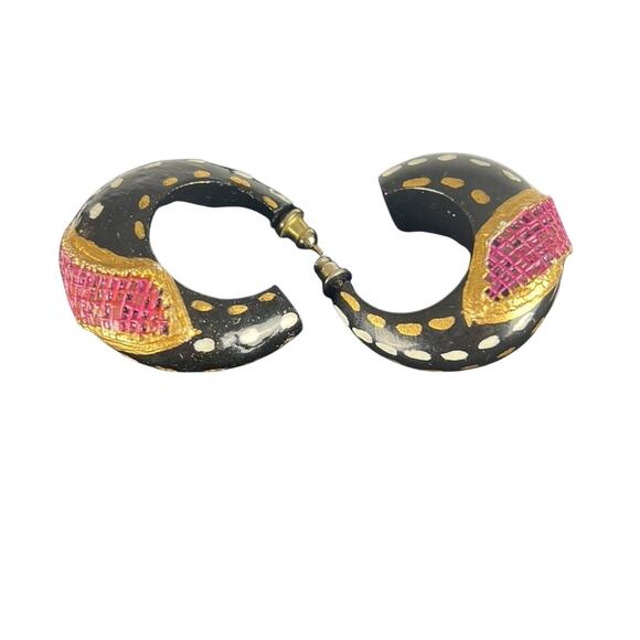 Handmade Wood Bead Necklace and matching Earrings West Africa Black & Pink - Picture 2 of 6